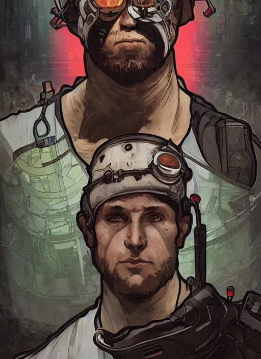 Image similar to cyberpunk chef. portrait by ashley wood and alphonse mucha and laurie greasley and josan gonzalez and james gurney. splinter cell, apex legends, rb 6 s, hl 2, d & d, cyberpunk 2 0 7 7. realistic face. character clothing. vivid color. dystopian setting.