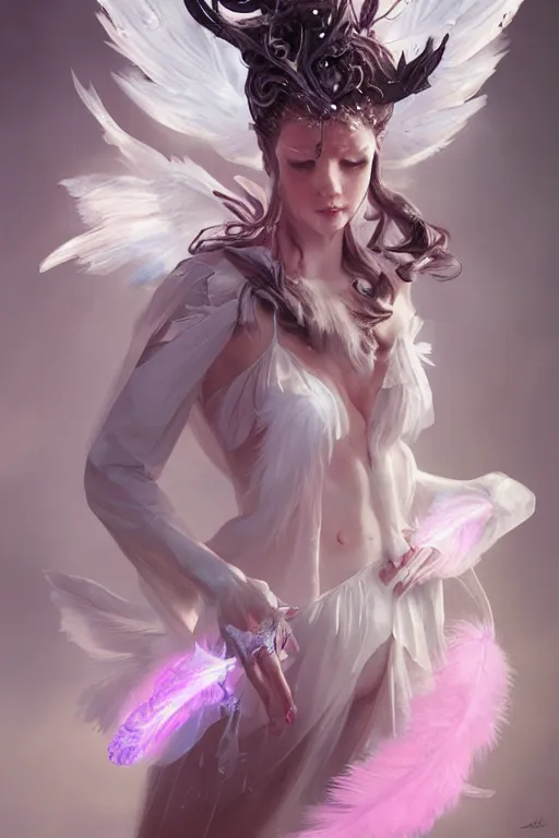 Image similar to beautiful model wearing crystal white feathers, pink magic, vortex, angel, fantasy, dramatic lighting, highly detailed, digital painting, holding electricity, magic the gathering, 3 d render, hyper realistic detailed portrait, peter mohrbacher, wlop, ruan jia