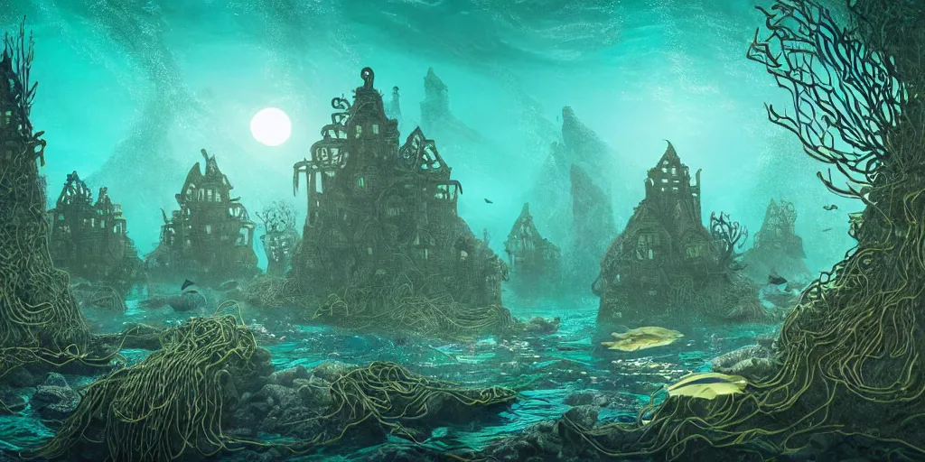 Image similar to nighttime underwater village of carved houses and green kelp and plants and coral under gentle aquatic moonlight, award winning art, epic dreamlike fantasy landscape, art print, science fiction, ultra realistic,