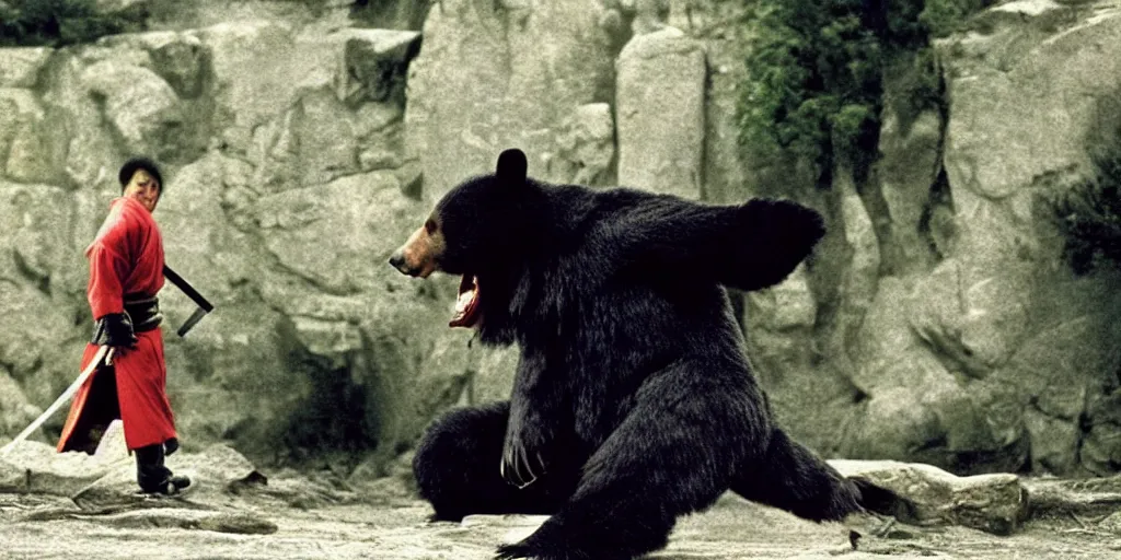 Image similar to scene from Shogun’s Shadow, 1989, movie still, cinematic, anthropomorphic, half man half asian black bear, black bear samurai, Moon Bear Samurai, epic, samurai