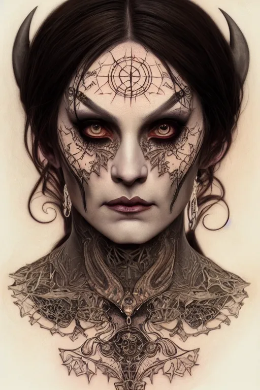 Image similar to portrait of a satanic witch, tattooed face, upper body, decorated, intricate, elegant, highly detailed, digital painting, artstation, concept art, smooth, sharp focus, illustration, art by artgerm and greg rutkowski and alphonse mucha, 8 k