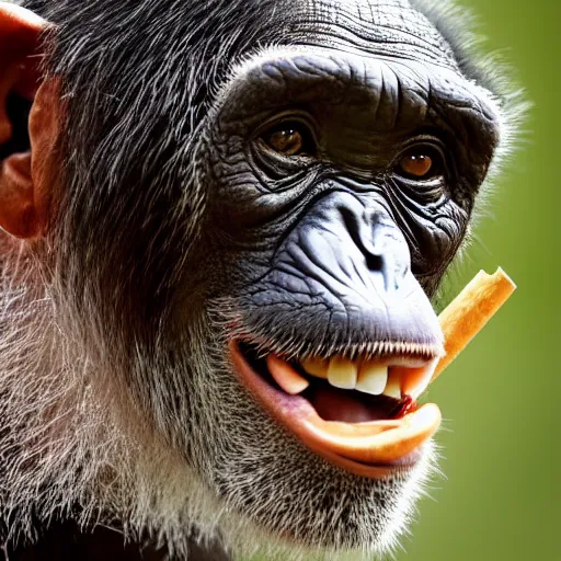 Image similar to a high detail closeup shot of a chimp wearing a suit, smoking a cigar