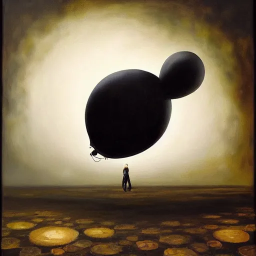 Prompt: an oil painting of a black balloon by esao andrews. circa survive album cover art. dark. muted colors. gothic. oil painting with brush strokes. creepy.