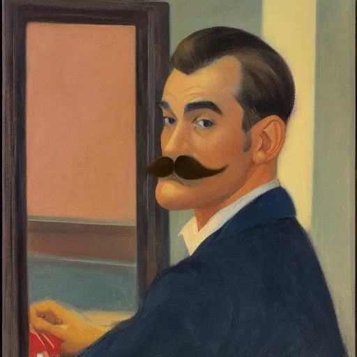 Prompt: a brown haired man with a short mustache staring deeply at camera, detailed, edward hopper,