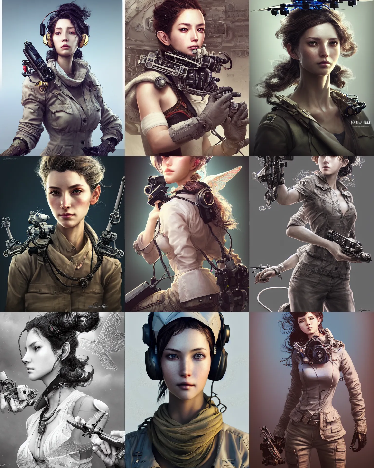 Prompt: the portrait of stunning female drone operatoras absurdly beautiful, gorgeous, elegant, with hightech gear, an ultrafine hyperdetailed illustration by kim jung gi, irakli nadar, artgerm, intricate linework, octopath traveler, final fantasy, unreal engine 5 highly rendered, global illumination, radiant light