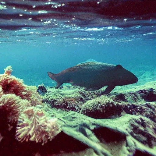 Prompt: underwater photo of Scottish seas with a for sale sign