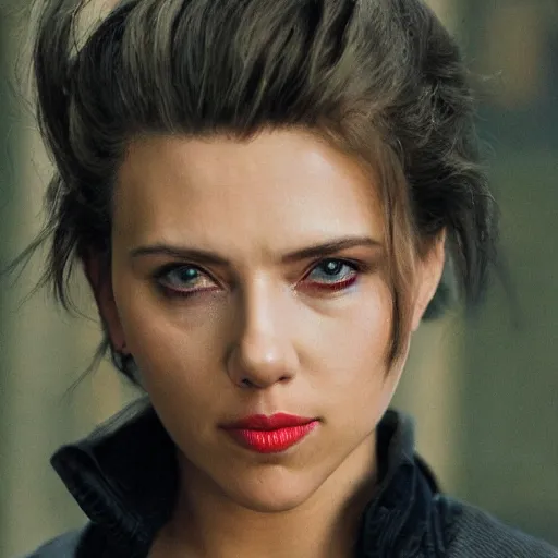 Image similar to a beautiful medium - shot still of scarlett johansson from ghost in the shell looking off into the distance, black hairs with sleek angled bob hairstyle, ultra realistic, soft, blue hour, soft neons light from night city falling on her face. focus on her eyes and brows. by annie leibowitz