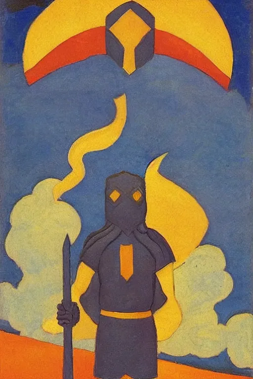 Image similar to thor with mjollnir, marvel, artwork by nicholas roerich,