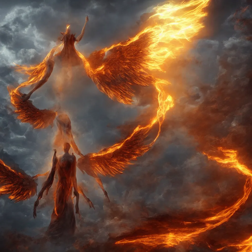 Prompt: a giant angel with many wings and eyes, fiery clouds, thunder, unreal engine, very detailed