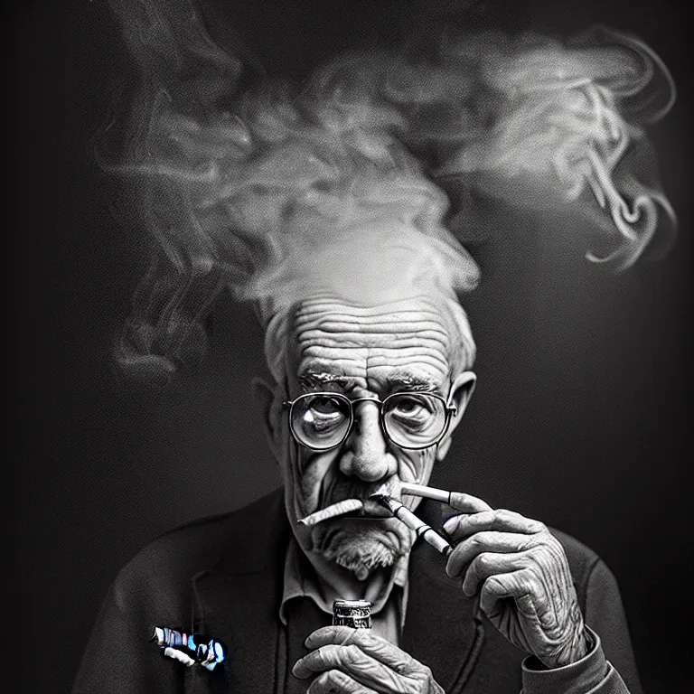 Prompt: a intricately detailed portrait of an old man, smoking a lit symmetrical cuban cigar in an pub, cinematic photography, smoke rising like clouds, beautifully symmetrical, super resolution, cgi, trending on art station, volumetric lighting & shadows, hyper detailed, 8 k, digital art, unreal engine, in the style of a escher, canon 2 0 0 mm,
