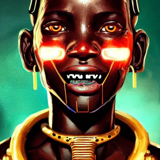 Image similar to a dark and ominous cyborg african child soldier with glowing eyes and facial scarification marks and gold teeth, Apex Legends character digital illustration portrait design, by android jones and greg rutkowski in a cyberpunk voodoo style, synthwave color scheme, detailed, cinematic lighting, wide angle action dynamic portrait