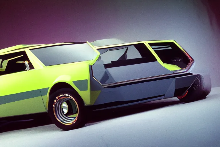 Prompt: designed by Giorgetto Giugiaro stylized poser of a 1977 AMC Gremlin, thick neon lights, ektachrome photograph, volumetric lighting, f8 aperture, cinematic Eastman 5384 film