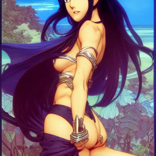 Image similar to highly detailed vfx portrait of nico robin by eiichiro oda!, makoto shinkai, alphonse mucha, art by artgerm and greg rutkowski!, backlit, harsh overhead sunlight, blue eyes!!, large aquiline nose!!, best of behance, concept art, matte, sharp focus, magali villeneuve, stanley kubrick,