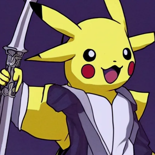 Image similar to Pikachu cosplaying Sephiroth with his long sword and a meaning face, coloured manga style