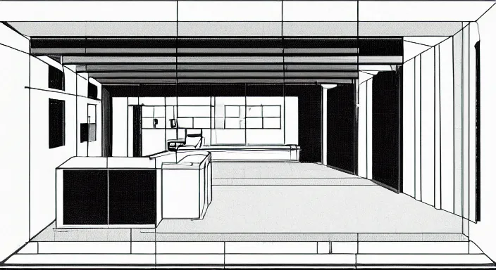 Prompt: technical drawing of secret underground laboratory room interior