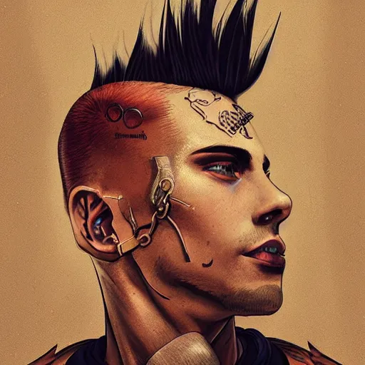 Image similar to character portrait of a retro punk man in a mohawk, shaved sides of head, dystopian cyberpunk steampunk soviet mood, intricate, wild, highly detailed, digital painting, artstation, upper body, concept art, smooth, sharp focus, illustration, art by artgerm and greg rutkowski and alphonse mucha