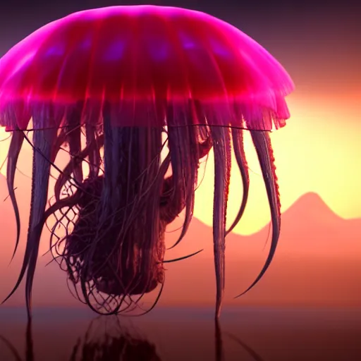 Prompt: a beautiful extreme wide photograph of a jellyfish monster with huge eyes and sharp teeth pole dancing, highly detailed, smooth, very very clean, 8 k, cinematic movie photograph, cinematic lighting, octane render, zbrush central contest winner, 3 d maya render