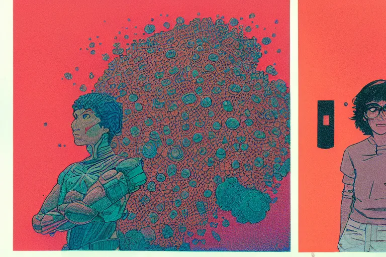 Image similar to risograph grainy drawing vintage sci - fi, satoshi kon color palette, gigantic gundam full - body covered in dead coral reef, 1 9 8 0, kodachrome, natural colors, codex seraphinianus painting by moebius and satoshi kon and dirk dzimirsky close - up portrait