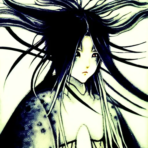 Image similar to Yoshitaka Amano blurred and dreamy illustration of an anime girl with wavy white hair and cracks on her face wearing Elden ring armour with the cape fluttering in the wind, abstract black and white patterns on the background, noisy film grain effect, highly detailed, Renaissance oil painting, weird portrait angle