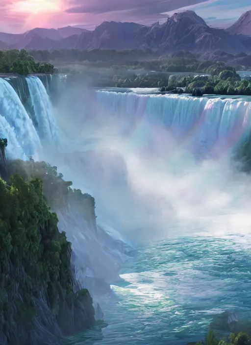 Prompt: cascade of multiple gigantic niagara falls, epic mountains in the background, early dawn, fantasy illustration, matte painting, concept art, volumetric lighting, volumetric atmosphere, morning mist, art by james gurney, unreal engine 5, 8 k