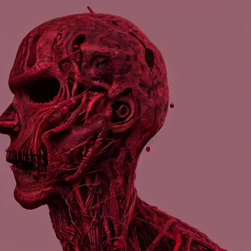 Image similar to octane render of a body horror humanoid, sharp dark shadows, black and red color palette by trevor henderson and junji ito