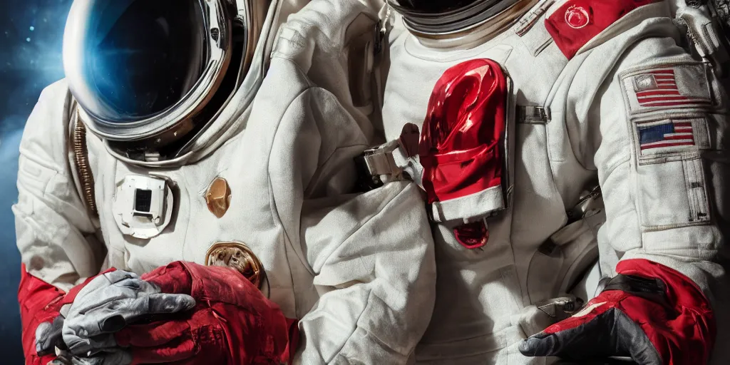 Image similar to ornate red skull in astronaut suit, gold linens, cinematic lighting, dramatic, octane render, long lens, shallow depth of field, bokeh, anamorphic lens flare, 8k, hyper detailed