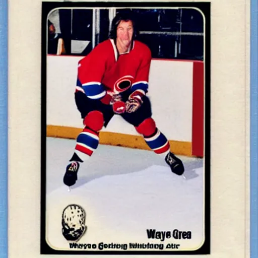 Prompt: wayne gretzky plays in bjorkloven 1 9 8 0 s hockey card