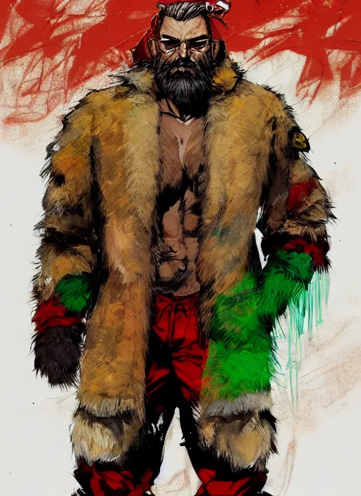 Image similar to Full body portrait of an old muscular man with blonde hair and beard wearing bear skin and red, green and gold jacket. In style of Yoji Shinkawa and Hyung-tae Kim, trending on ArtStation, dark fantasy, great composition, concept art, highly detailed.