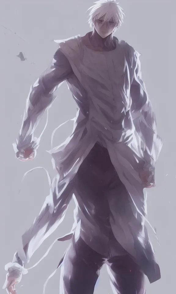 Image similar to full body anime man on pure white background by WLOP, rossdraws, Logan Cure, Mingchen Shen, BangkuART, sakimichan, yan gisuka, JeonSeok Lee, zeronis, Chengwei Pan on artstation