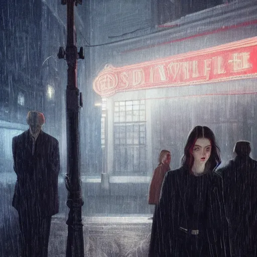 Prompt: Elle Fanning in Vampire Masquerade in the world of Edward Hopper, stormy snowy weather, streetlights, extremely detailed masterpiece, oil on canvas, low-key neon lighting, artstation, Blade Runner 2049, Roger Deakin’s cinematography, by J. C. Leyendecker and Peter Paul Rubens,