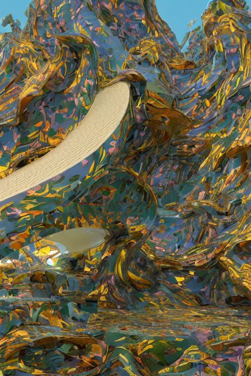 Image similar to hyperrealistic abstract close-up Renaissance psychedelic!! Frank Wright's architecture turns into biotech Zarhi Khalid's architecture!!! in the form of a mobius strip on a mountain landscape!!! parts of the house hang as consoles in the form of lily petals, octane render, hd