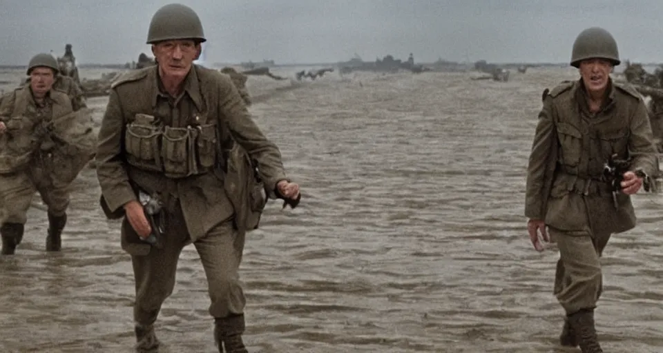 Prompt: Film still of Ian McKellan as a soldier storming beaches of Normandy in Saving Private Ryan