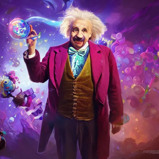 Image similar to portrait of albert einstein as willy wonka, league of legends amazing splashscreen artwork, fantasy, splash art, natural light, elegant, photorealistic facial features, intricate, fantasy, detailed face, atmospheric lighting, anamorphic lens flare, cinematic lighting, league of legends splash art, hd wallpaper, ultra high details by greg rutkowski