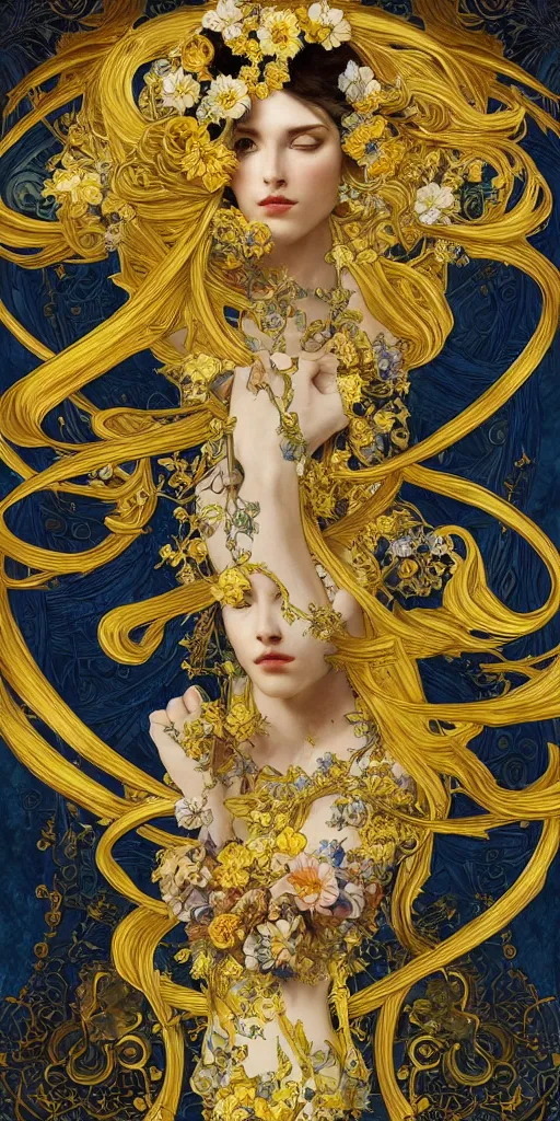 Prompt: black blue yellow, complicated gold and blue flowers the baroque style decoration, dark fantasy, intricate, elegant, highly detailed, digital painting, artstation, concept art, matte, 3 d 8 k octane rendered, sharp focus, illustration, octane rendered, art by artgerm and alphonse mucha, leesha hannigan