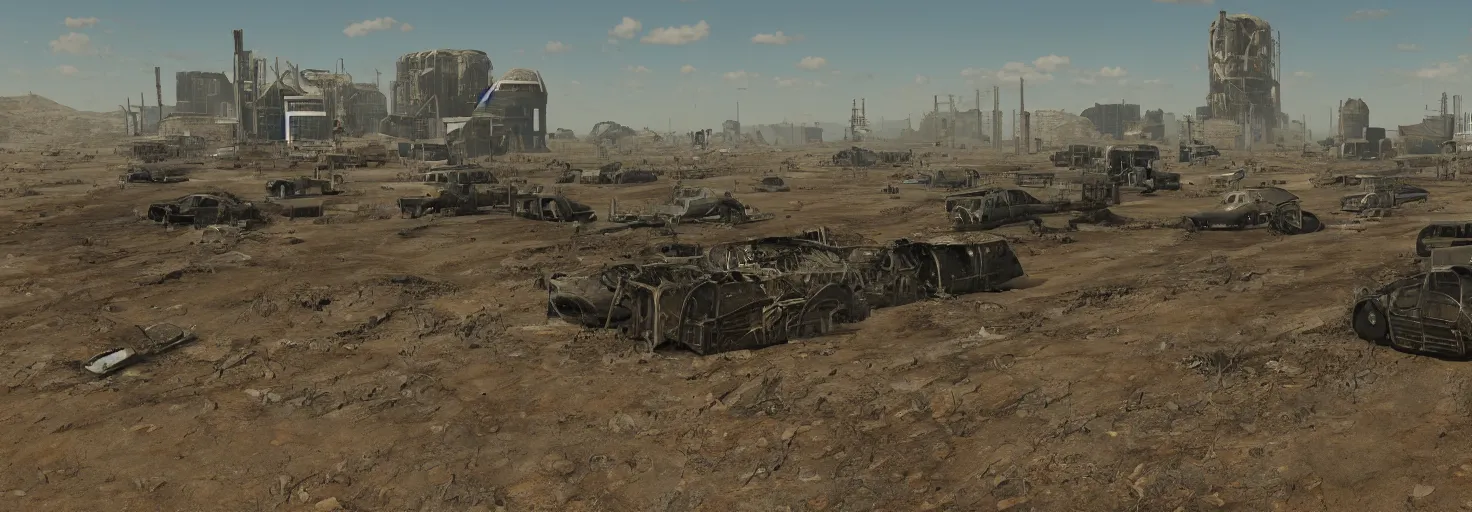 Image similar to wastelands by a sunny day, year 2 3 5 9, after a nuclear outcome, detailed ground, smooth and high resolution, unique bus wreck, impacts, clear atmosphere