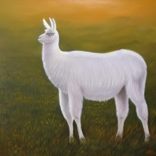 Prompt: oil painting by milla is of a white llama in a meadow at dawn