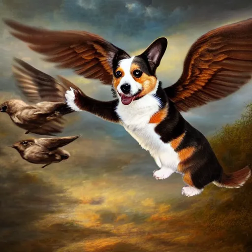 Image similar to an corgi with wings flying with birds, oil on canvas, portrait, intricate, 8k highly professionally detailed, HDR, CGsociety