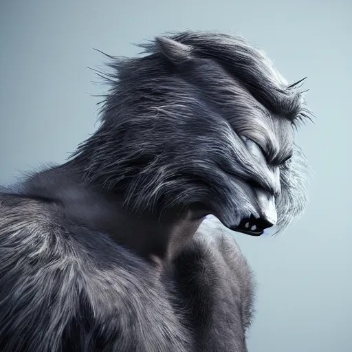 Image similar to man transforming into a werewolf with grey realistic fur, high detail, hyper realism, octane render, 8 k