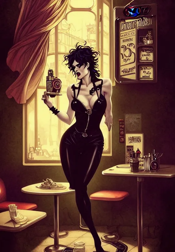 Image similar to character death from comic book the sandman in a small 5 0 ’ s style diner, fantasy magic, dark pin - up style hair, dark light night, intricate, elegant, sharp focus, illustration, highly detailed, digital painting, concept art, matte, art by wlop and artgerm and greg rutkowski and alphonse mucha, masterpiece