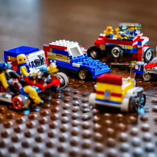 Image similar to tilt-shift photography of a group of Hotwheels cars racing on a hardwood floor, Lego minifigures are cheering them on in the background