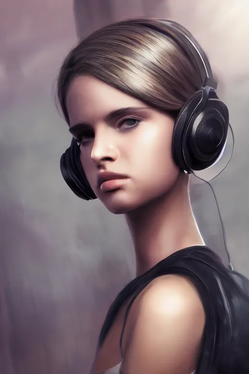 Image similar to A stunningly beautiful girl with headphones on, her clothes are made of dubstep, wub wub wub, dramatic lighting, cinematic, establishing shot, extremely high detail, foto realistic, cinematic lighting, post processed, concept art, high details, cinematic, 8k resolution, beautiful detailed, photorealistic, digital painting, artstation, concept art, smooth, sharp focus, artstation trending, octane render, unreal engine