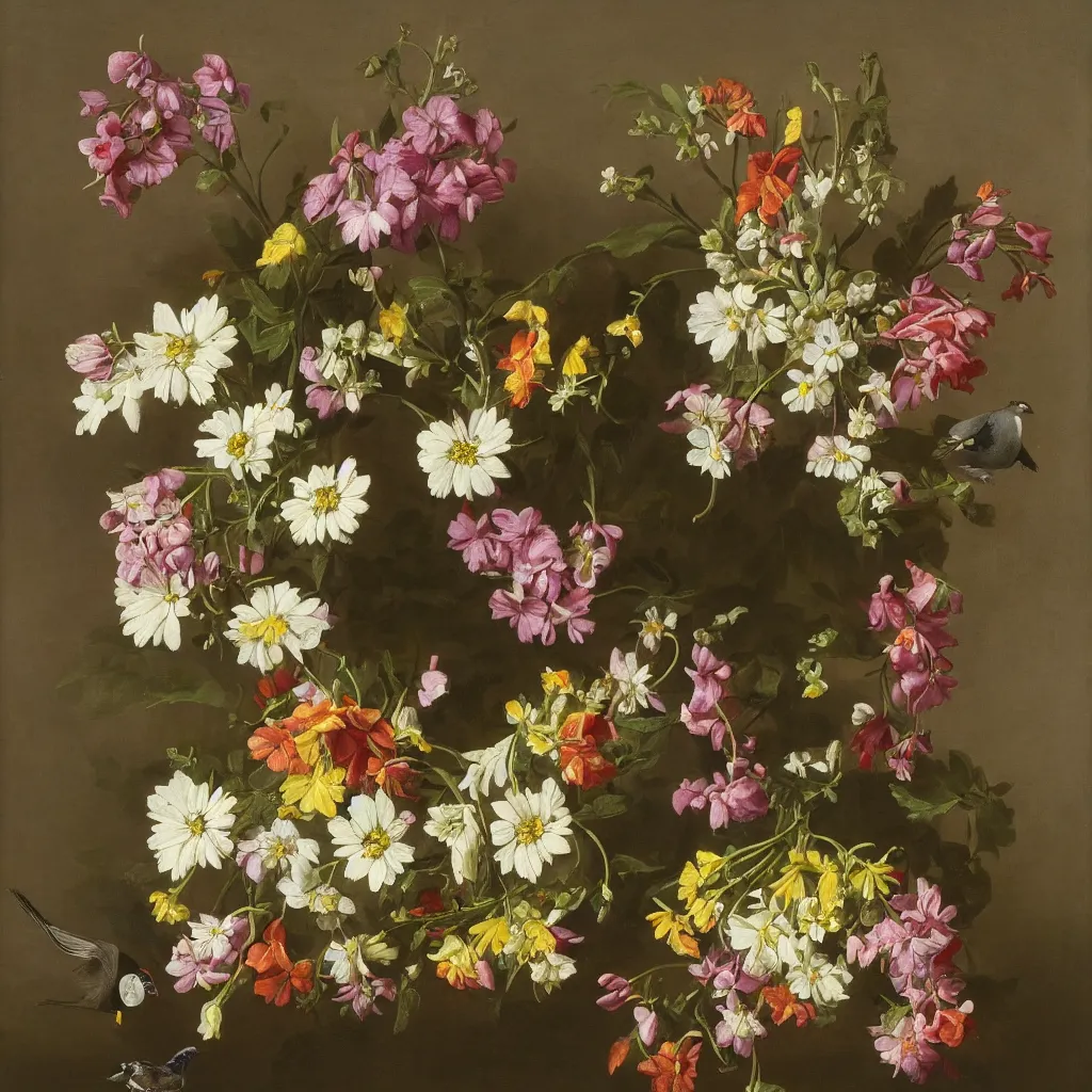 Prompt: a nosegay of plants, daisies, larkspur and a pigeon by rachel ruysch, 1 6 9 5