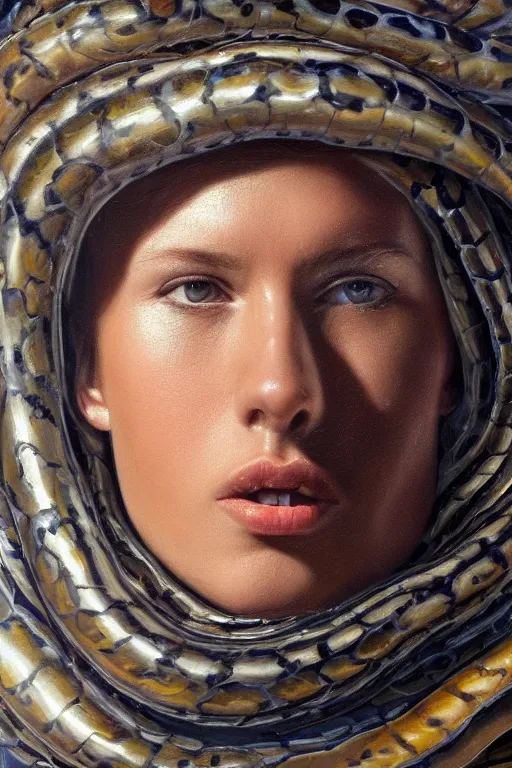 Image similar to hyperrealism oil painting, close - up portrait of face from a tangle of snakes fashion model, knight, steel gradient mixed with nebula sky, in style of baroque