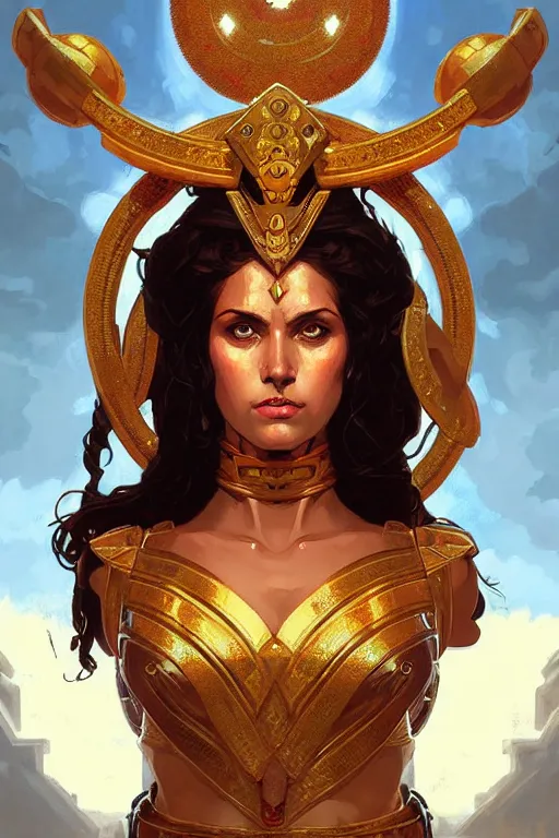 Image similar to pixel art of the Greek godess Hera looking angry, rusty armor, portrait, digital painting, artstation, concept art, beautiful face, symmetric face, cinematic, videogame cover art, by Artgerm and Greg Rutkowski and Alphonse Mucha