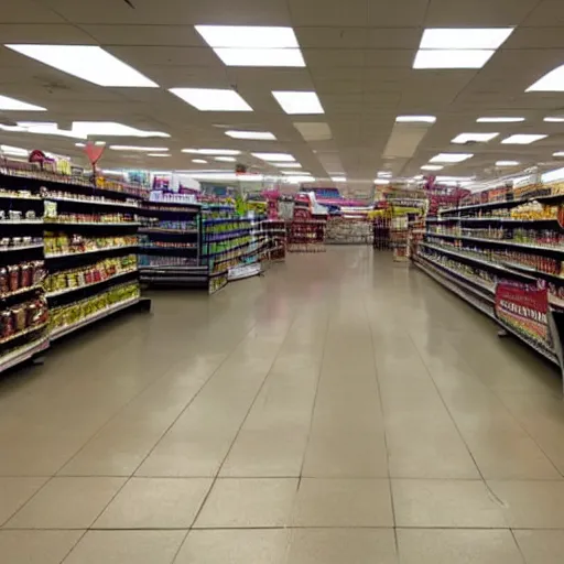 Prompt: supermarket empty, eerie, spooky, dim lights,