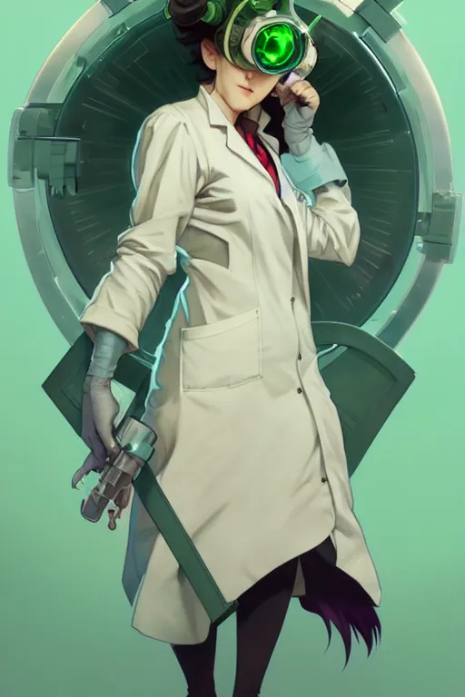 Image similar to a full body character design by artgerm, cushart krenz, greg rutkowski and alphonse mucha. cute mad scientist woman lab coat!! green plasma laser gun!! goggles visor!! bold outline sharp edges. ultra clear detailed. 8 k. ultra detailed, elegant, intricate, octane render.