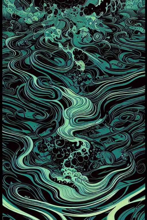 Image similar to beautiful dark chaos, swirling black obsidian fluids by James Jean and dan mumford and James Gilleard