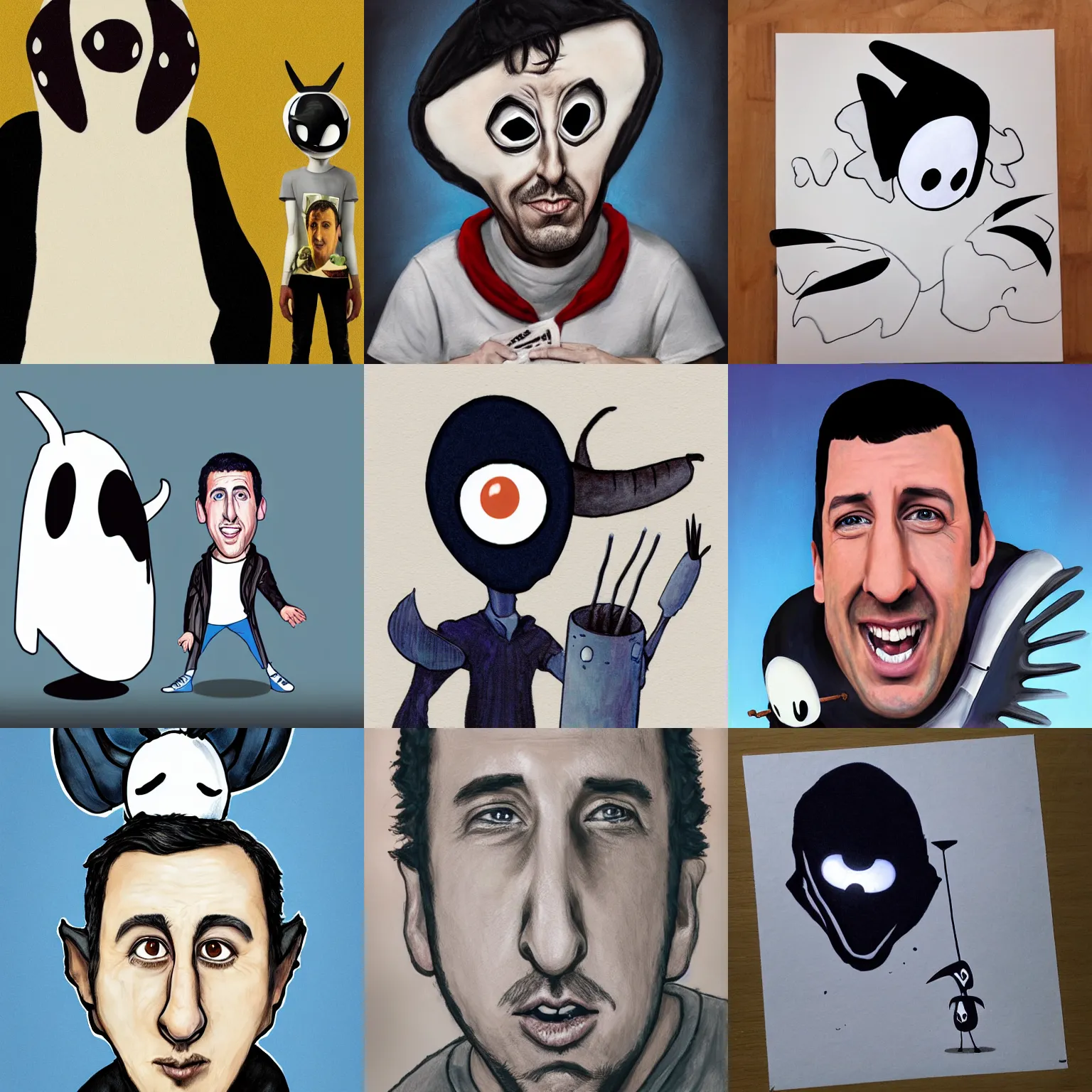 Prompt: Adam Sandler as Billy Madison as Hollow Knight (2017), realistic portrait caricature