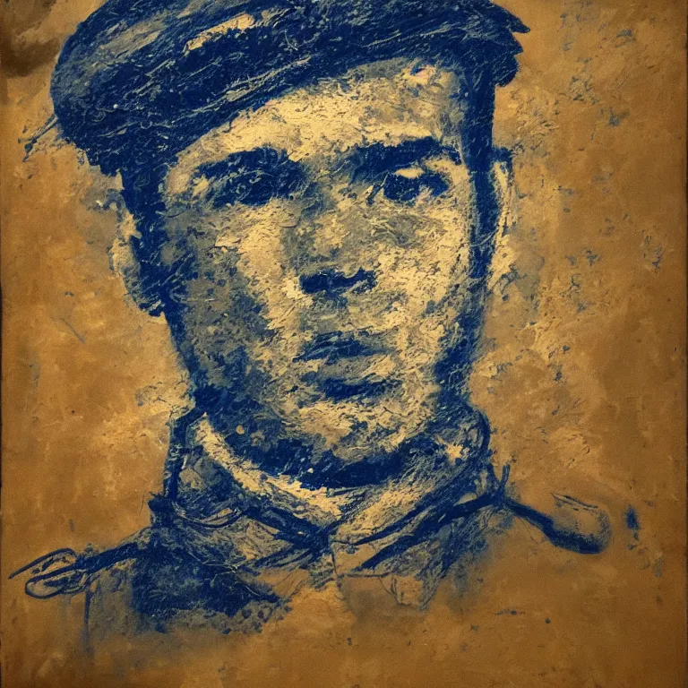 Prompt: Antique cyanotype of Beautiful warmly lit close up expressionistic studio portrait of very Handsome Persian Air Force Pilot in Uniform, impasto oil painting heavy brushstrokes by Cy Twombly and Anselm Kiefer , trending on artstation dramatic lighting abstract Expressionism