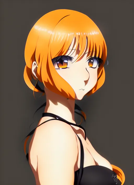 Image similar to anime portrait of a beautiful woman, yellow - orange eyes, ilya kuvshinov, black clothing, anime, pixiv top monthly, trending on artstation, cinematic, danbooru, zerochan art, kyoto animation